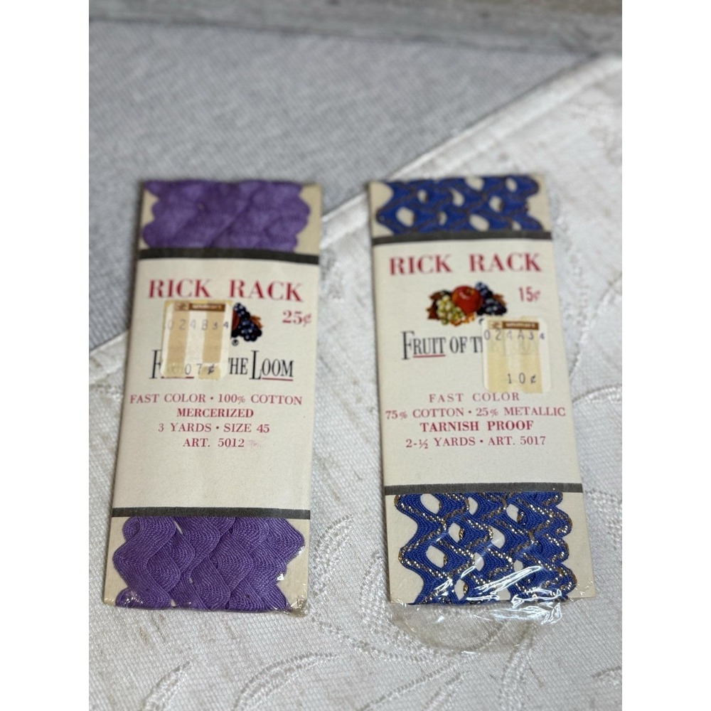 2 Vtg‎ Fruit of the Loom Rick Rack Trims NOS Lavender & Metallic Copen Blue Gold